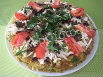 Кабачковый торт с грибами, сыром и помидорами