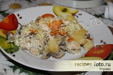 Курица в духовке в рукаве с картофелем овощами и грибами