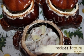 Курица с грибами и картошкой в сметане в горшочках