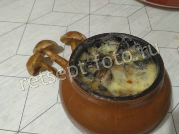 Макароны в горшочках с грибами и сыром