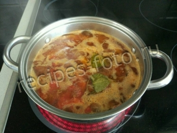 Мясо тушеное с помидорами и луком