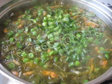 Зеленый суп со щавелем, горошком, яйцом и сыром