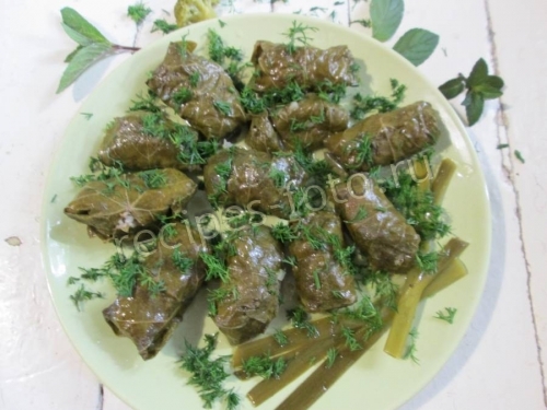 Долма с курицей и свининой в виноградных листьях