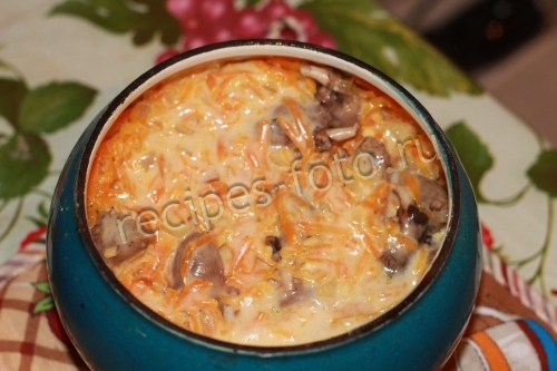Гречка с куриными сердечками в горшочке