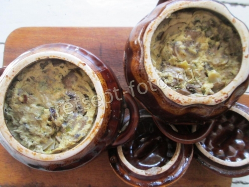 Картошка с фаршем и грибами в горшочках