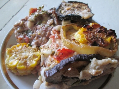 Курица с овощами в кляре в духовке