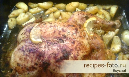 Курица целиком в духовке с медом, лимоном и чесноком