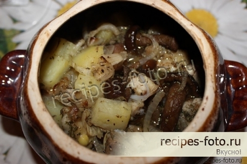 Курица с грибами и картошкой в горшочке в духовке