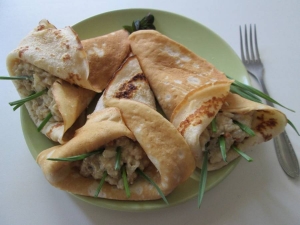 Блины с ливером и рисом. Тесто на кефире и молоке 