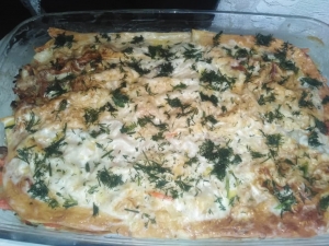 Запеканка с лавашом, фаршем и картошкой 