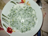 Окрошка с курицей на бульоне и сметане 